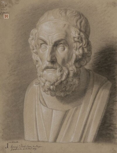De buste van Homerus, door Theodore Ceriez aan de Academie van Ieper, Henri Dobbelaere aan de academie van Brugge en het origineel in het British Museum 